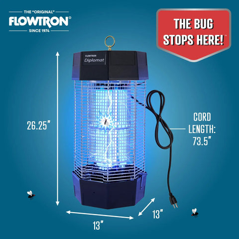 Flowtron Diplomat bug zapper with 120W UV light and lure. Dimensions: 26.25" high, 13" wide, cord length 73.5". Uses Dual Lure Tech.