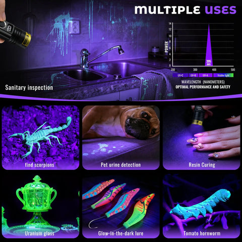 Ultra Bright 395nm UV Flashlight With LCD Display And USB C Rechargeable 10W Power used for pet pee detection and resin curing