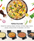 Ultimate 2000W Electric Roti Maker Press With Adjustable Temp Control And Led Indicator. Non Stick Plates For Crepes Tortillas Chapati And Blintz, showing various cooked dishes.