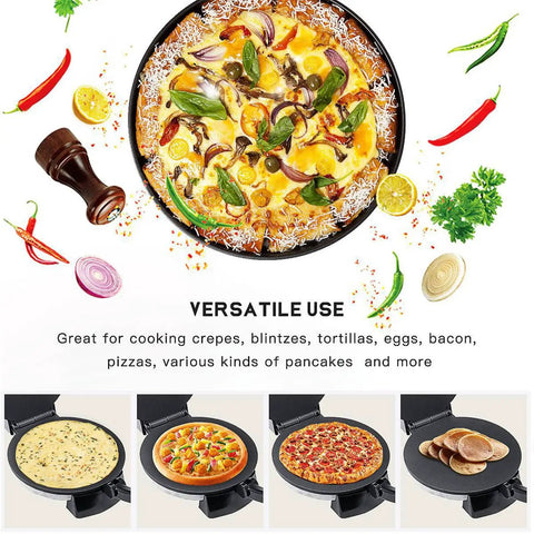 Ultimate 2000W Electric Roti Maker Press With Adjustable Temp Control And Led Indicator. Non Stick Plates For Crepes Tortillas Chapati And Blintz, showing various cooked dishes.