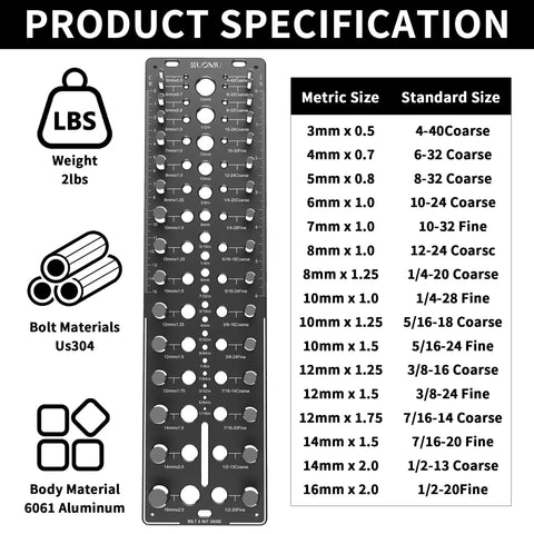 51 In 1 Bolt Size Finder And Thread Checker With 32 Metric And 32 SAE Gauges, 19 Drill Bit Check Holes, CNC Machined Aluminum Screw Size Chart
