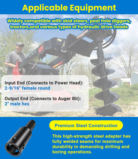 Heavy Duty Auger Adapter Converts 2-9/16 Round Drive To 2 Inch Hex For Augers, Skid Steers, Tractors, Post Hole Diggers