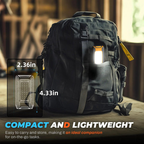 Two Pack LED Rechargeable Magnetic Work Light With 1500 Lumens, Three Modes on backpack with USB C charging.