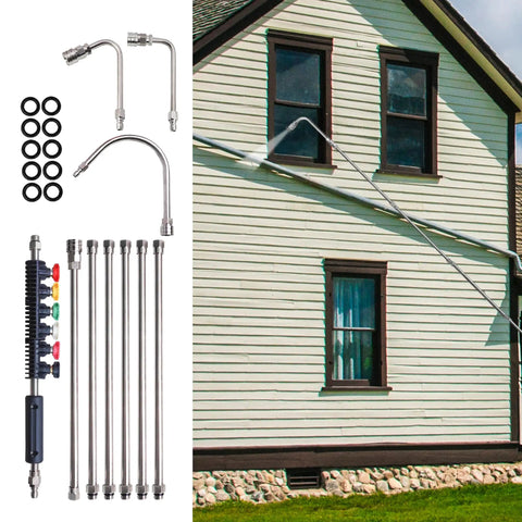 Pressure Washer Extension Wand Set, 15 Inch Stainless Steel Lance Kit With 30 Degree, 90 Degree And U Shaped Wands, Six Nozzle Tips And Ten Replacement Rings, One Quarter Inch Quick Connect, Gutter Cleaner Attachment, Up To 4000 PSI in use cleaning a house wall