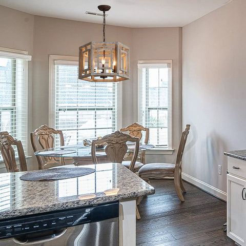 Rustic Barn Chic 6 Light Wood Pendant Chandelier With Vintage Cage Design, adjustable hanging over dining table