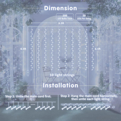 Diagram of 200 LED White Curtain Lights With Remote For 6.5 Ft By 6.5 Ft Window Backdrop USB Powered 8 Modes
