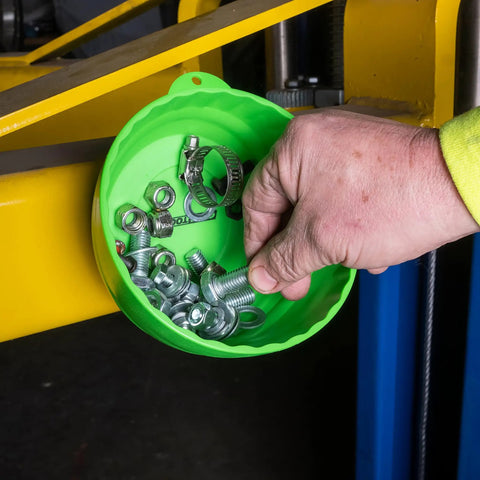 Six Inch Magnetic Nut Cup Bowl Holds Nuts, Bolts And Small Parts On Any Ferrous Metal Surface, Green Coated Magnet Secures To Walls Or Tools