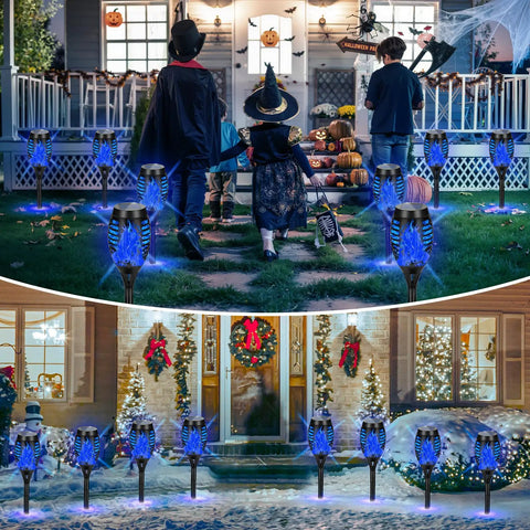 12 Pack Solar Tiki Torch Lights Outdoor Waterproof Blue Flickering Flame For Yard Garden Pathway Patio Ambiance Easy Setup Energy Saving Lit Night Lighting along a decorated holiday pathway.