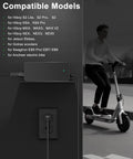 Universal 42V 2A Electric Scooter Charger for 36V scooters plugged in wall, list of compatible models, person riding scooter