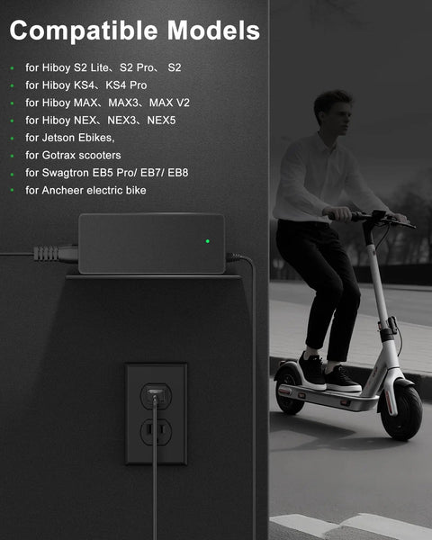 Universal 42V 2A Electric Scooter Charger for 36V scooters plugged in wall, list of compatible models, person riding scooter