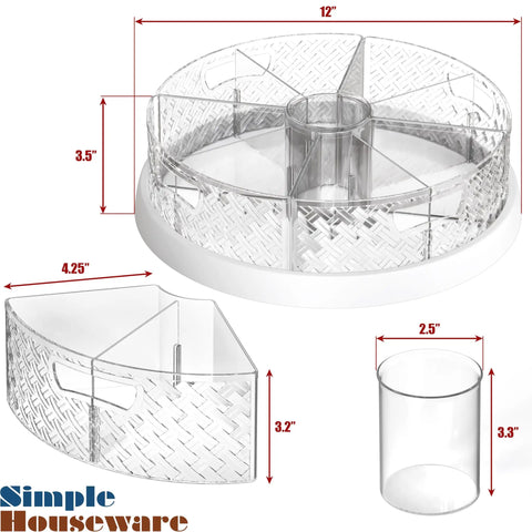 12 Inch Lazy Susan Turntable with removable bins and dividers, transparent design, includes dimensions and diagram view