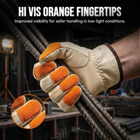 Hi Vis Leather Work Gloves With Orange Tips For Extra Large Hands, Watch Your Hands, Split Cowhide Leather With Keystone Thumb in use