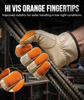 Close-up of Heavy Duty Leather Driver Work Gloves with flame-resistant material and hi-vis orange fingertips for better grip.
