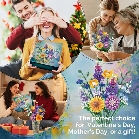Sunflower 1183-Piece Building Blocks Set For Adults Flower Garden Kit For Home Decor And Mindful Crafting, Perfect Gift For Valentines Day And Mothers Day, Brick Compatible With Most Brick Systems. Adults building colorful flower bouquet in vase