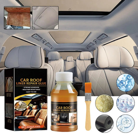 Seat Repair Adhesive For Roof Liner And Upholstery, Quick Dry Bonding Glue kit with bottle, brush, and car interior view