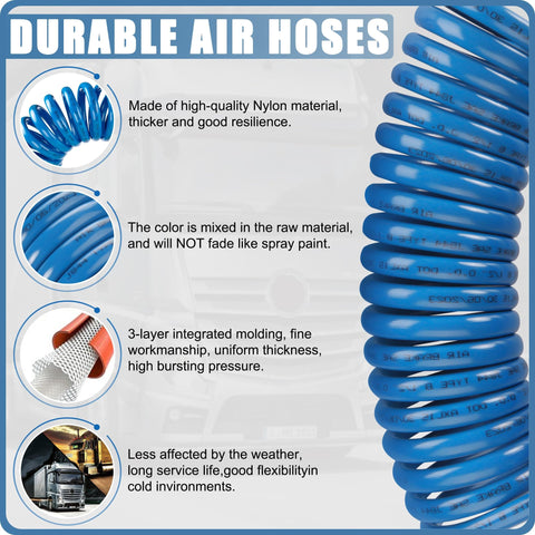 Semi Truck Air Brake Hose Coil Set With 1/2 In NPT DOT Fittings Red And Blue Leads Glad Hands Grips And Rubber Seals 15 Ft Plus 40 In Tractor Leads Pigtail Airline Kit For Rig Durable Value Pack features high-quality nylon construction and color stability.