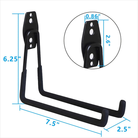 Heavy Duty Wall Mount Garage Hooks Set Four Pack With Extension Cord Holder Straps Seven And A Half Inch Long Double Bar Hangers