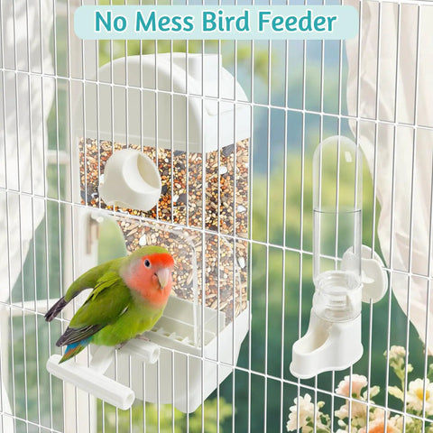 Hassle Free Spill Proof Automatic Bird Feeder For Cage with transparent food container and water dispenser for small birds.