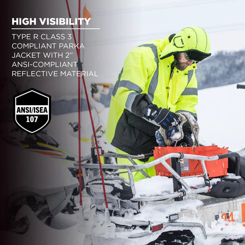 Man wearing High Visibility Reflective Winter Safety Jacket Insulated Parka ANSI Compliant Lime GloWear 8384 in snowy outdoors