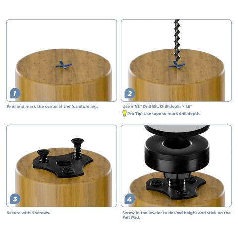 Step-by-step guide installing Four Pack Three Eighths Inch Thread Furniture Leveling Feet With T Nuts on wooden furniture legs