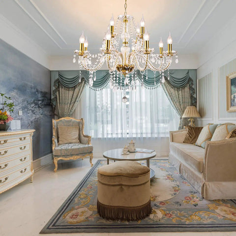 K9 Crystal Candle Chandelier 12 Light Pendant Ceiling Fixture in elegant living room setting with ornate furniture and decor.