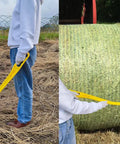 Person using Hay Knife Tool For Round Bales And Net Wrap Cutter 29 Inch Long Bale Opener on hay bale and ground cover