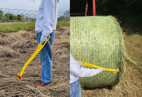 Person using Hay Knife Tool For Round Bales And Net Wrap Cutter 29 Inch Long Bale Opener on hay bale and ground cover