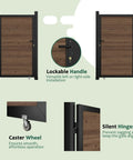 6 Ft By 3 Ft Cedar Wood Fence Gate Kit With Aluminum Frame Privacy Gate Board On Board, showing features like lockable handle, caster wheel, and hinges.