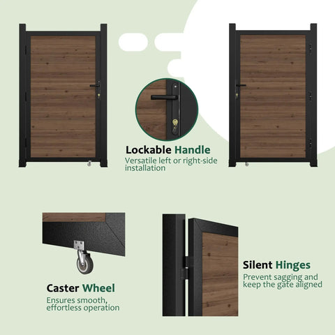 6 Ft By 3 Ft Cedar Wood Fence Gate Kit With Aluminum Frame Privacy Gate Board On Board, showing features like lockable handle, caster wheel, and hinges.