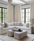 Heavy Duty Blackout Curtains For Track System, 9 Ft Long Cream Tan 2 Panel Set in living room with L-shaped sofa