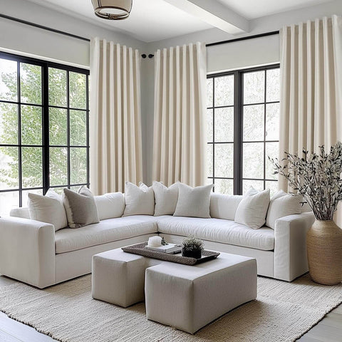 Heavy Duty Blackout Curtains For Track System, 9 Ft Long Cream Tan 2 Panel Set in living room with L-shaped sofa