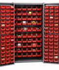 Deep Door Bin Cabinet For Garage And Workshop Storage Hella Organized Setup Built Tough Steel Frame Includes 156 Red Plastic Parts Containers, open view.