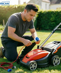 Person using Twenty Pack Tough As Nails Three Way Wire Connectors to splice wires on an electric lawn mower in a garden.