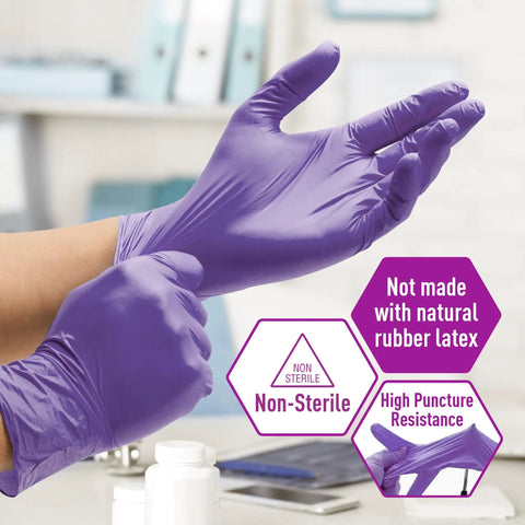 Person wearing purple Powder-Free Nitrile Exam Gloves Small Pack Of 100 Textured Fingertips For Top Grips And Sensitivity Latex-Free Durable