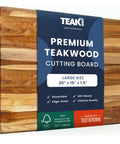 Killer Size Top Shelf Teak Wood Cutting Board 20X15 Inches Food Safe Kitchen Prep Station with edge-grain finish.