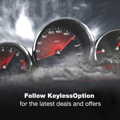 Speedometer close-up with text 'Follow KeylessOption for the latest deals and offers' against a cloudy sky background