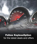 Automotive speedometer gauges with text 'Follow KeylessOption for the latest deals and offers'