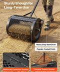 Beefy Compost Spreader for Lawn Care and Garden, 16.5 inch wide powder-coated steel roller with T shaped handle in use.