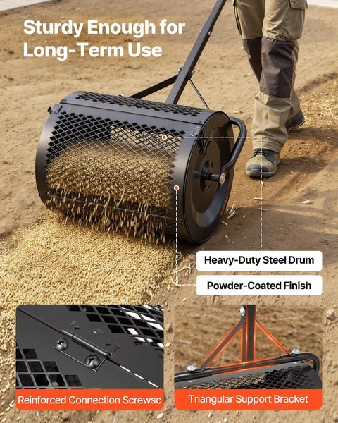 Beefy Compost Spreader for Lawn Care and Garden, 16.5 inch wide powder-coated steel roller with T shaped handle in use.
