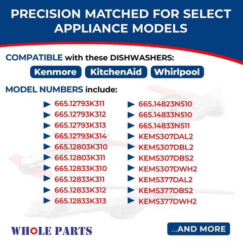 Product compatibility chart for Kenmore KitchenAid Whirlpool dishwashers with model numbers for the spray arm assembly replacement