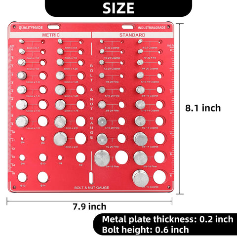 Front view of 42-size bolt and nut gauge on red metal plate with metric/standard sizes and 6in/15cm rulers