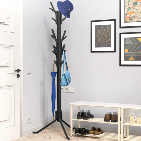 Tree Shaped Coat And Hat Organizer Rack With Eighteen Hooks For Entryway Or Bedroom Dope Space Saving Stand To Hang Coats Hats Scarves And Bags In Black Finish.