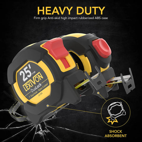 Two Pack 25 Foot Tape Measure With DuaLock And AutoLock, heavy duty rubberized case, shown on a black background with yellow label.