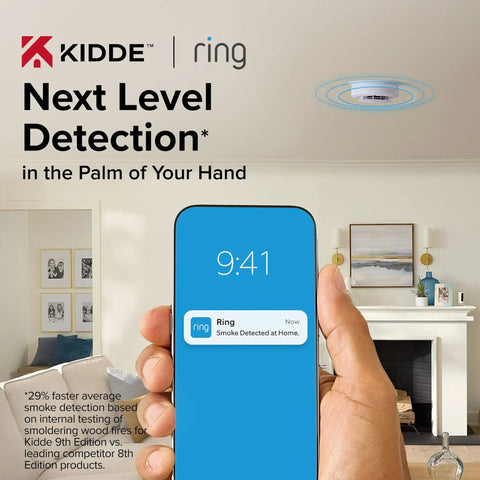 Smart Smoke And CO Detector With Ring App Alerts Hardwired With AA Battery Backup Ring Compatible Real Time Notifs 25 Percent Faster Smoke Detection No Subscription Needed Home Safety Tech installed on ceiling with phone alert