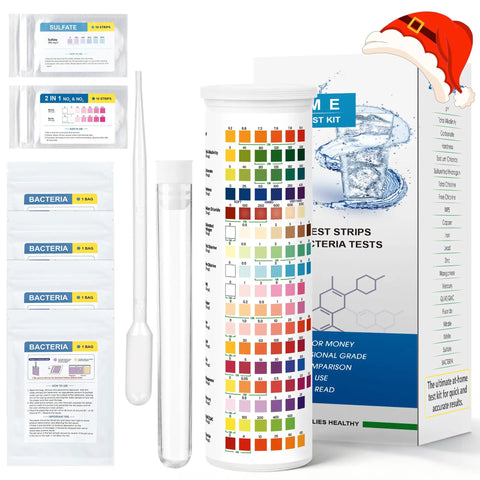 21 In 1 Drinking Water Test Kit For Tap And Well With 120 Strips And 4 Bacteria Tests, showing test strips and packaging.