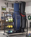 Extra Large Golf Bag Rack Stand Organizer with 2 bags and gear, showing shelves with shoes and accessories in garage setup