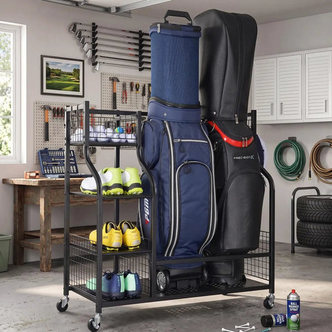 Extra Large Golf Bag Rack Stand Organizer with 2 bags and gear, showing shelves with shoes and accessories in garage setup