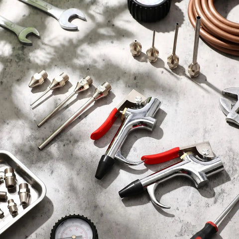 Four Sets Industrial Air Blow Gun Kits With Adjustable Nozzles And Steel Tips For Pneumatic Tools Built Tough To Kick Dirt And Debris Out Fast, featuring steel tips and various nozzles.