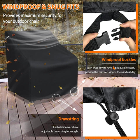 Waterproof Patio Chair Cover for Outdoor Furniture Keeps Your Lounge Chairs, Wicker, Swivel, Adirondack and Rocking Chairs Dry All Season, Heavy Duty Oxford, Fits Up To 32W x 37D x 36H, 1 Pack, Black, showing windproof buckles and drawstring on a wooden deck.