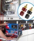 Beefy One Quarter Inch Remote Battery Terminal Stud Pair Featuring Pure Copper Build And Bakelite Shielding For High Amp Draws and test equipment in background.